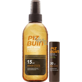 Piz Buin Wet Skin SPF15 transparent sun spray 150 ml + SPF30 lip balm 4.9 g, duopack