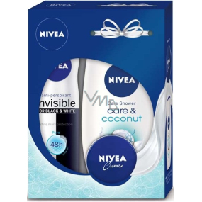 Nivea Care & Coconut Shower Gel 250 ml + Invisible Black & White Pure antiperspirant spray 150 ml + cream 30 ml, cosmetic set