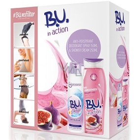 BU In Action Sensitive antiperspirant deodorant spray for women 150 ml + In Action Yogurt + Fig shower gel 250 ml, cosmetic set