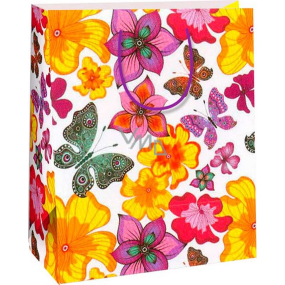 Ditipo Gift paper bag 26.4 x 13.7 x 32.4 cm white, butterflies, flowers