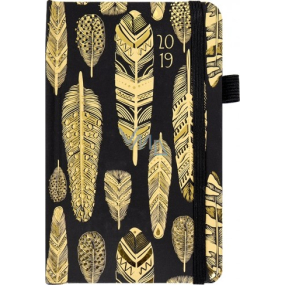 Albi Diary 2019 pocket with rubber band Feathers black-gold 9.5 x 15 x 1.3 cm
