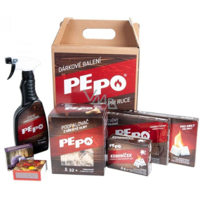 Pe-Po Gift package 2018 solid lighter + wooden lighter + wood wool lighter + matches 2 pieces + fireplace glass cleaner 500 ml + chimney 5 x 14 g, gift set