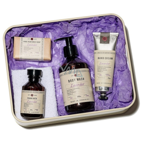 Fikkerts Lavender liquid soap for body and hands, 300 ml + intensive moisturizing hand and nail cream 75 ml + bath foam 100 ml + moisturizing soap 85 g + 100% cotton flannel towel gift set in tin box