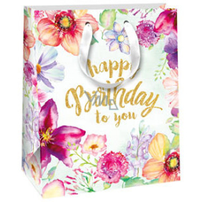 Ditipo Gift paper bag 18 x 10 x 22.7 cm light green, Happy Glitter flowers