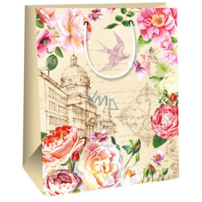 Ditipo Gift paper bag 26.4 x 13.7 x 32.4 cm beige, colorful flowers