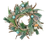 Wreath with bark and blue flasks 35 cm
