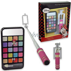 Disney Minnie Make Up Phone & Selfie Stick makeup palette with cream eye shadows, lip gloss, and 2 g mirror + pink selfie stick for kids, cosmetic set