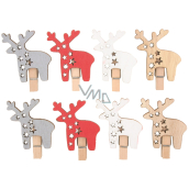 Wooden reindeer on a peg red-silver-white-beige 4.5 cm 8 pieces