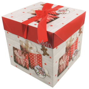 Folding gift box with Christmas ribbon with gifts and gingerbread 16.5 x 16.5 x 16.5 cm