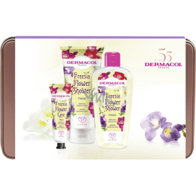 Dermacol Freesia Flower Shower shower oil 200 ml + shower cream 200 ml + hand cream 30 ml + tin box, cosmetic set