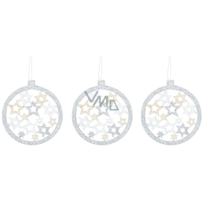 Wooden ball with glitter for hanging Silver 7.5 cm 3 pieces