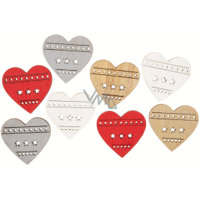 Wooden heart natural, grey, white, red 3,5 cm 8 pieces