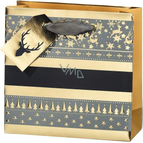 BSB Luxury paper gift bag 14,5 x 15 x 6 cm Christmas gold with reindeer and trees VDT 445 - CD