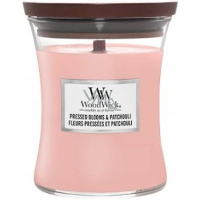 WoodWick Pressed Blooms & Patchouli scented candle with wooden wick and lid glass small 85 g