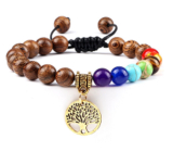 Chakra bracelet Tree of Life + Wood, healing, hand knitted, adjustable size, ball 8 mm