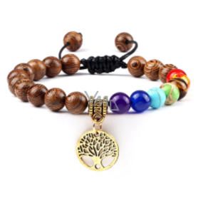 Chakra bracelet Tree of Life + Wood, healing, hand knitted, adjustable size, ball 8 mm
