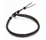 Obsidian leather bracelet natural stone, handmade, clasp, ball 4 mm / 17 - 23 cm, rescue stone