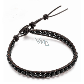 Obsidian leather bracelet natural stone, handmade, clasp, ball 4 mm / 17 - 23 cm, rescue stone