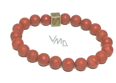 Jasper red matt with royal mantra Ohm bracelet elastic natural stone, ball 8 mm / 16-17 cm, full care stone
