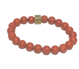 Jasper red matt with royal mantra Ohm bracelet elastic natural stone, ball 8 mm / 16-17 cm, full care stone