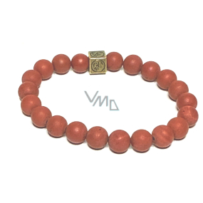 Jasper red matt with royal mantra Ohm bracelet elastic natural stone, ball 8 mm / 16-17 cm, full care stone