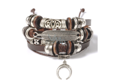Leather multi-layer bracelet, feather + crescent symbol, adjustable size