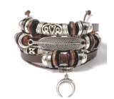 Leather multi-layer bracelet, feather + crescent symbol, adjustable size