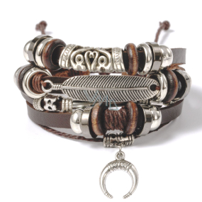 Leather multi-layer bracelet, feather + crescent symbol, adjustable size