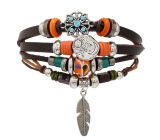 Leather multi-layer bracelet, feather + moon/sun symbol, adjustable size