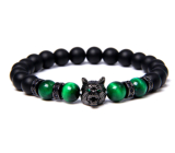 Lava black + Tiger eye green + Wolf head bracelet elastic natural stone, ball 8 mm / 21 cm