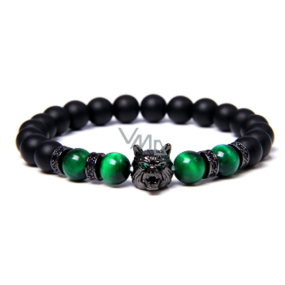 Lava black + Tiger eye green + Wolf head bracelet elastic natural stone, ball 8 mm / 21 cm