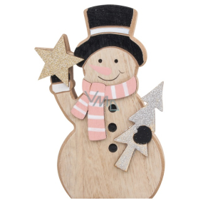 Wooden snowman with pink scarf to stand 15 cm