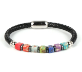 Chakra bracelet natural stone cube, genuine black leather 20 cm with silver handle