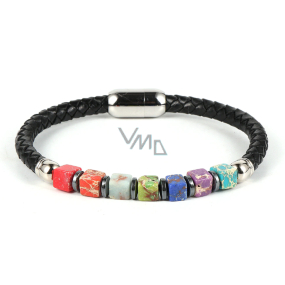Chakra bracelet natural stone cube, genuine black leather 20 cm with silver handle