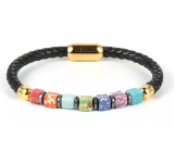 Chakra bracelet natural stone cube, genuine dark brown leather 20 cm with golden handle