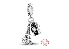 Sterling silver 925 Paris Eiffel Tower + Camera, Greetings from France, 2in1 travel bracelet pendant