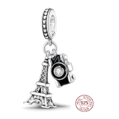 Sterling silver 925 Paris Eiffel Tower + Camera, Greetings from France, 2in1 travel bracelet pendant