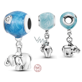 Charm Sterling silver 925 Elephant with blue balloon, pendant on bracelet family