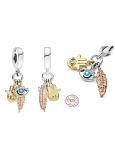 Charm Sterling silver 925 Protective amulet, Fatima's hand, prophet's eye and feather, talisman 3in1, bracelet pendant symbol
