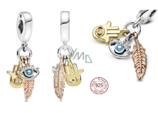 Charm Sterling silver 925 Protective amulet, Fatima's hand, prophet's eye and feather, talisman 3in1, bracelet pendant symbol
