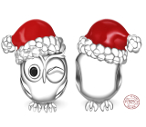 Charm Sterling silver 925 Owl with Santa hat, bead for bracelet Christmas