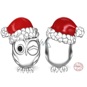 Charm Sterling silver 925 Owl with Santa hat, bead for bracelet Christmas