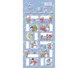 Arch Christmas labels stickers for gifts teddy bear with hat, light blue sheet 12 labels