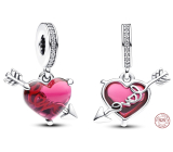 Charm Sterling Silver 925 Red Heart and Arrow Murano Glass, Love Bracelet Pendant