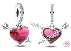Charm Sterling Silver 925 Red Heart and Arrow Murano Glass, Love Bracelet Pendant