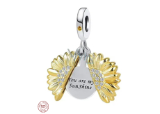 Charm Sterling silver 925 Blossoming sunflower gold plated with inscription - You are my sunshine, openable bracelet pendant love