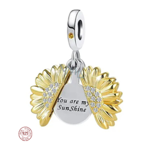 Charm Sterling silver 925 Blossoming sunflower gold plated with inscription - You are my sunshine, openable bracelet pendant love