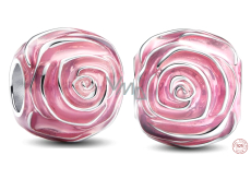 Charm Sterling silver 925 Pink rose in bloom, bead on bracelet nature