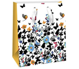 Ditipo Dárková papírová taška 18 x 22,7 x 10 cm Glitter - bílá černí a barevní motýli a květy