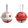 Red and white hanging jingle bells with a tree, 3 cm, 8 pieces